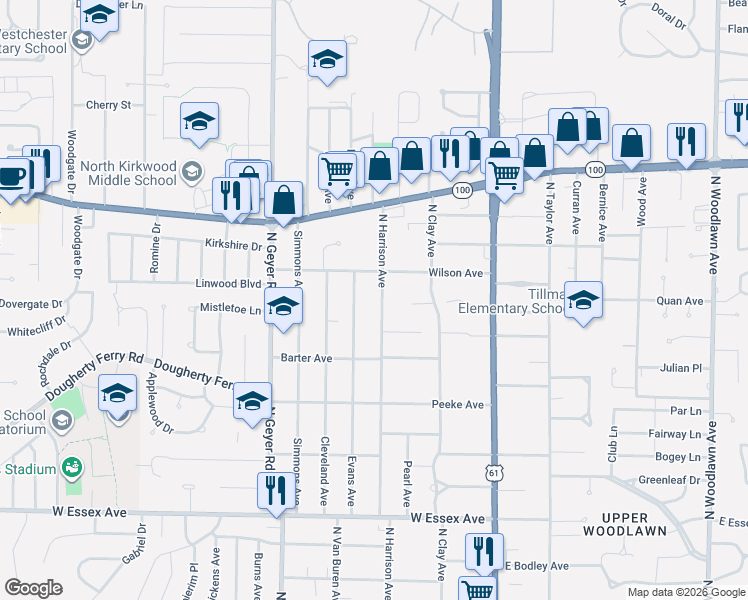 map of restaurants, bars, coffee shops, grocery stores, and more near 958 North Harrison Avenue in Kirkwood