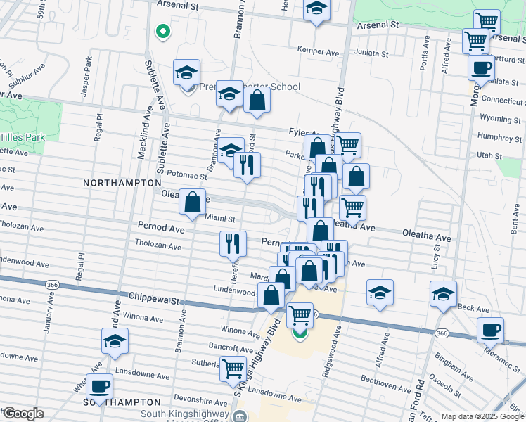 map of restaurants, bars, coffee shops, grocery stores, and more near 4974 Oleatha Avenue in St. Louis