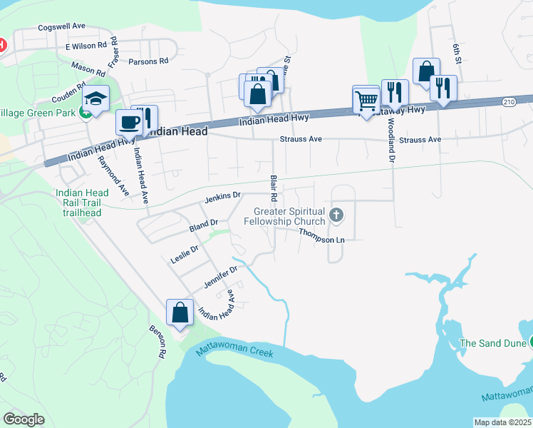 map of restaurants, bars, coffee shops, grocery stores, and more near 204 Blair Road in Indian Head