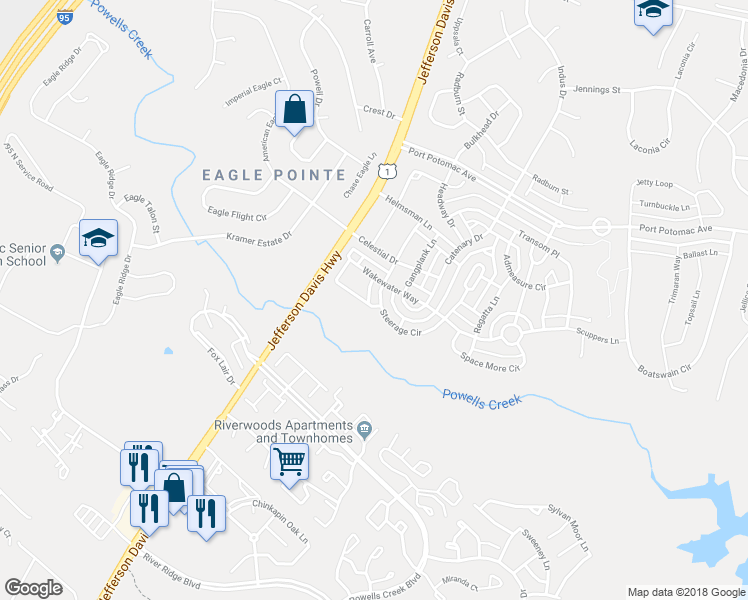 map of restaurants, bars, coffee shops, grocery stores, and more near 16418 Steerage Circle in Woodbridge