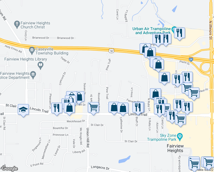 map of restaurants, bars, coffee shops, grocery stores, and more near Pine Trail & Roselawn Ct in Fairview Heights