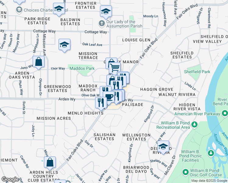 map of restaurants, bars, coffee shops, grocery stores, and more near 5103 Fair Oaks Boulevard in Carmichael