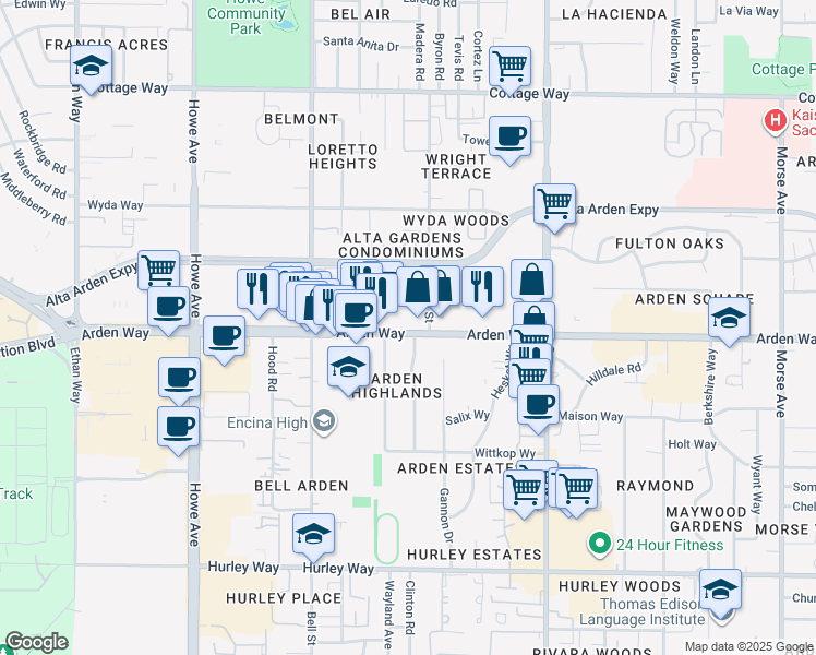 map of restaurants, bars, coffee shops, grocery stores, and more near 2385 Arden Way in Sacramento