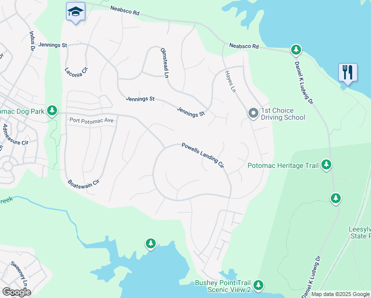 map of restaurants, bars, coffee shops, grocery stores, and more near 2036 Powells Landing Circle in Woodbridge