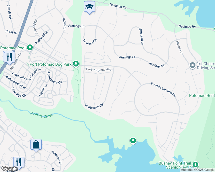 map of restaurants, bars, coffee shops, grocery stores, and more near 16338 Boatswain Circle in Woodbridge
