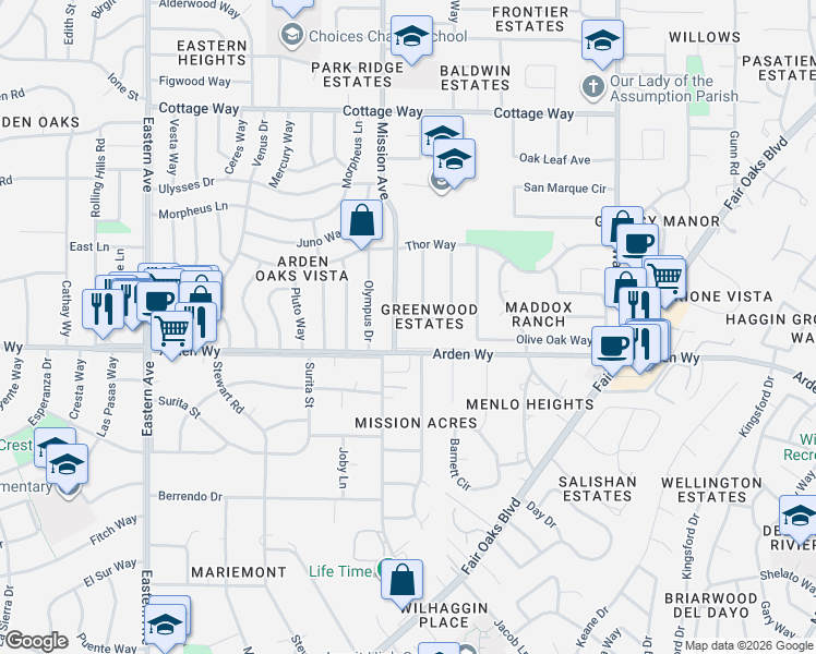 map of restaurants, bars, coffee shops, grocery stores, and more near 4701 Bowerwood Drive in Carmichael