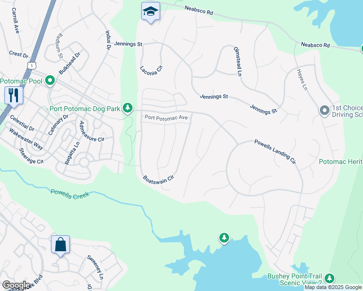 map of restaurants, bars, coffee shops, grocery stores, and more near 16338 Boatswain Circle in Woodbridge