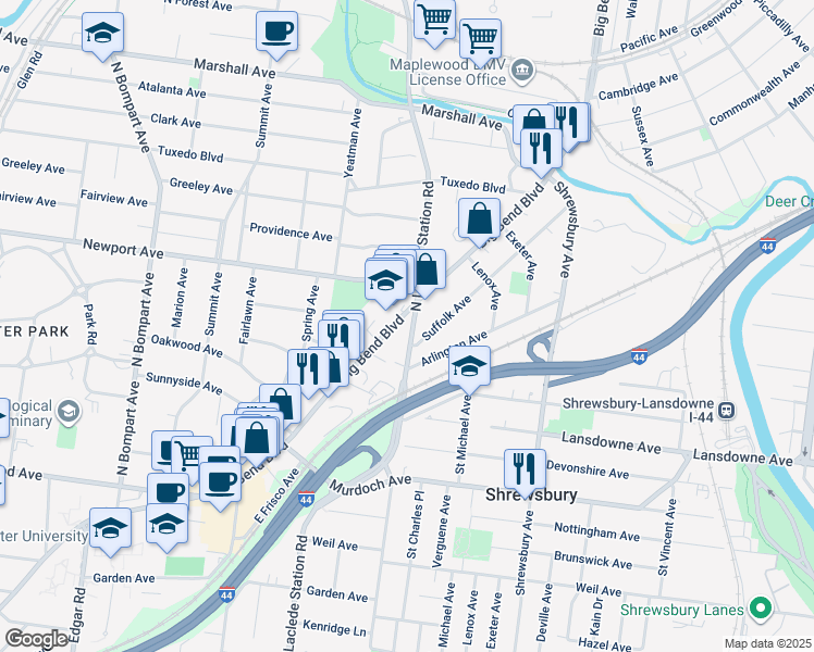 map of restaurants, bars, coffee shops, grocery stores, and more near 7733 Suffolk Avenue in St. Louis