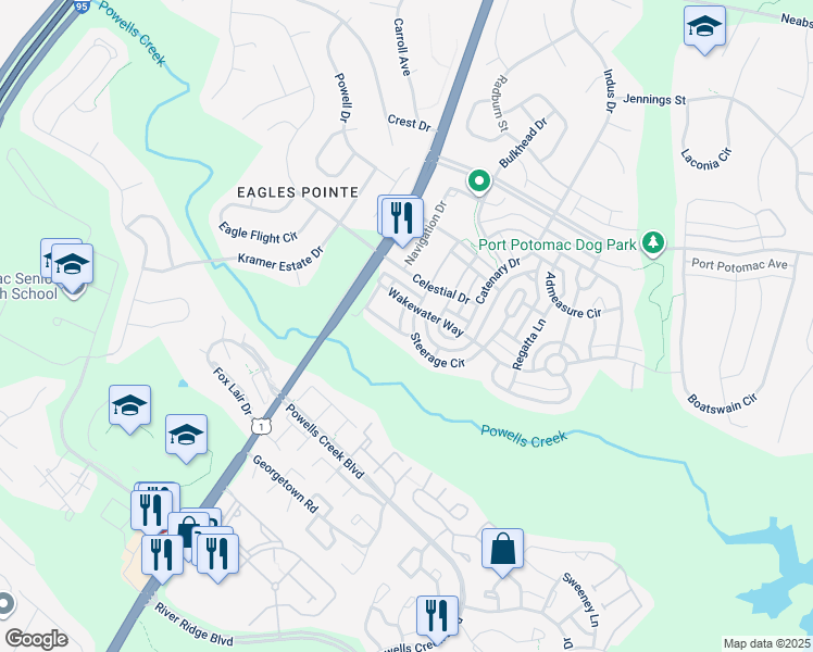 map of restaurants, bars, coffee shops, grocery stores, and more near 16416 Steerage Circle in Woodbridge