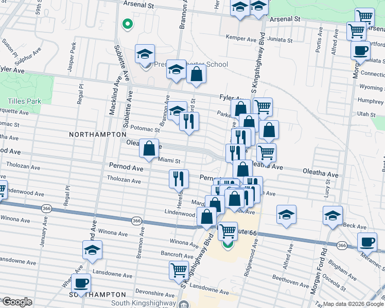 map of restaurants, bars, coffee shops, grocery stores, and more near 4978 Oleatha Avenue in St. Louis