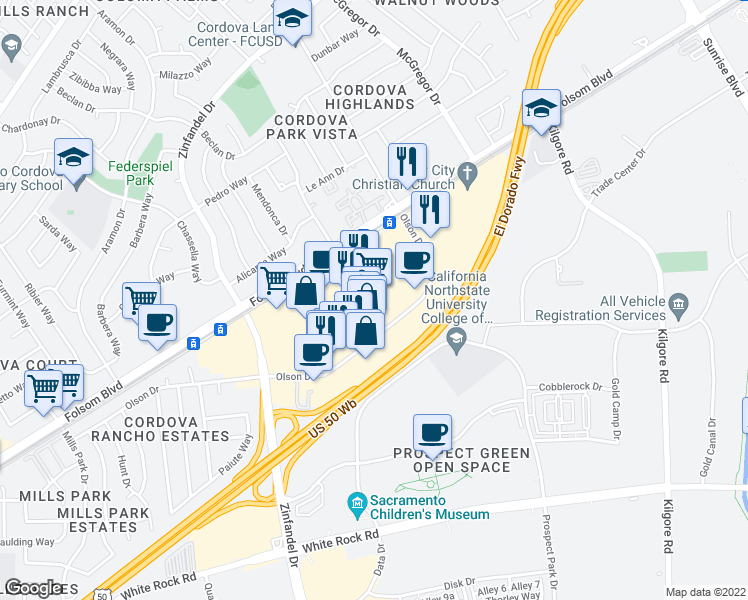 map of restaurants, bars, coffee shops, grocery stores, and more near 10947 Olson Drive in Rancho Cordova