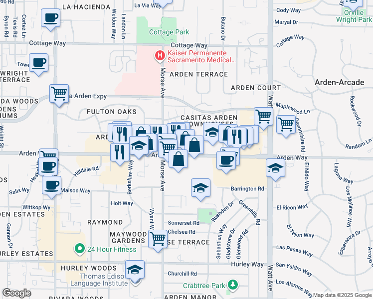 map of restaurants, bars, coffee shops, grocery stores, and more near 3137 Arden Way in Sacramento