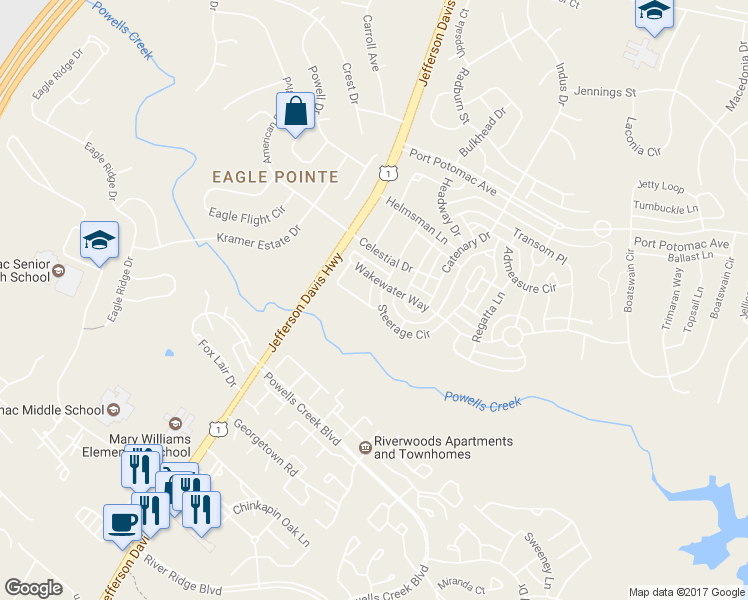 map of restaurants, bars, coffee shops, grocery stores, and more near 16416 Steerage Circle in Woodbridge