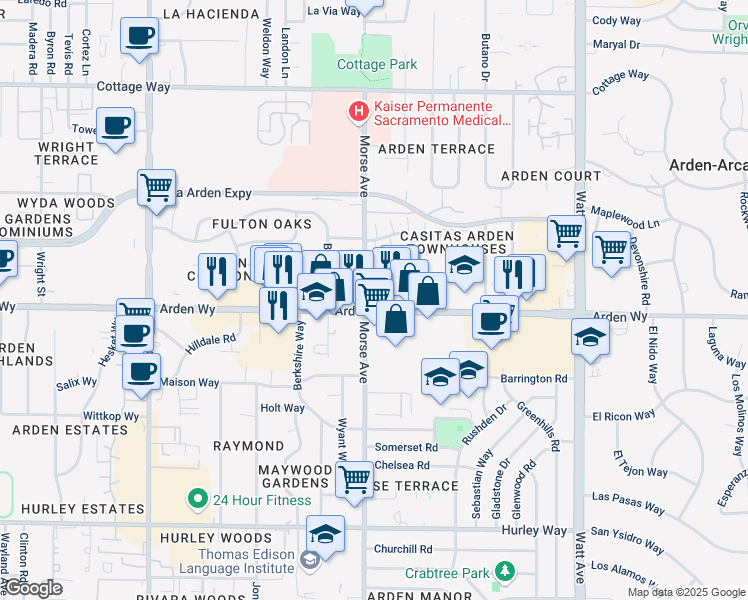 map of restaurants, bars, coffee shops, grocery stores, and more near 3101 Arden Way in Sacramento