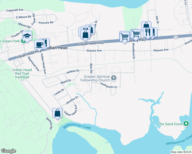 map of restaurants, bars, coffee shops, grocery stores, and more near 21 Meadowside Court in Indian Head