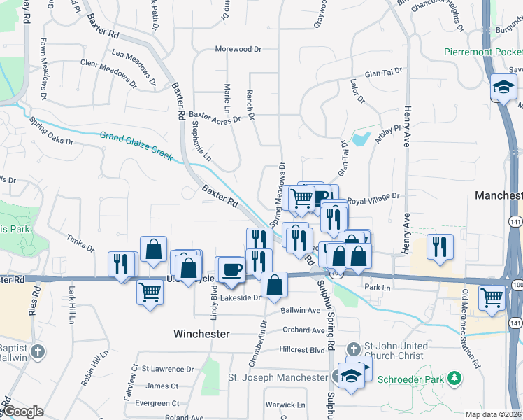 map of restaurants, bars, coffee shops, grocery stores, and more near 302 Brightsand Court in Ballwin