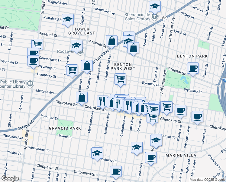 map of restaurants, bars, coffee shops, grocery stores, and more near 3248 Nebraska Avenue in St. Louis