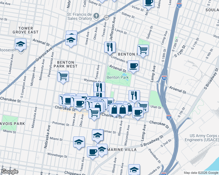 map of restaurants, bars, coffee shops, grocery stores, and more near 2222 Wyoming Street in St. Louis