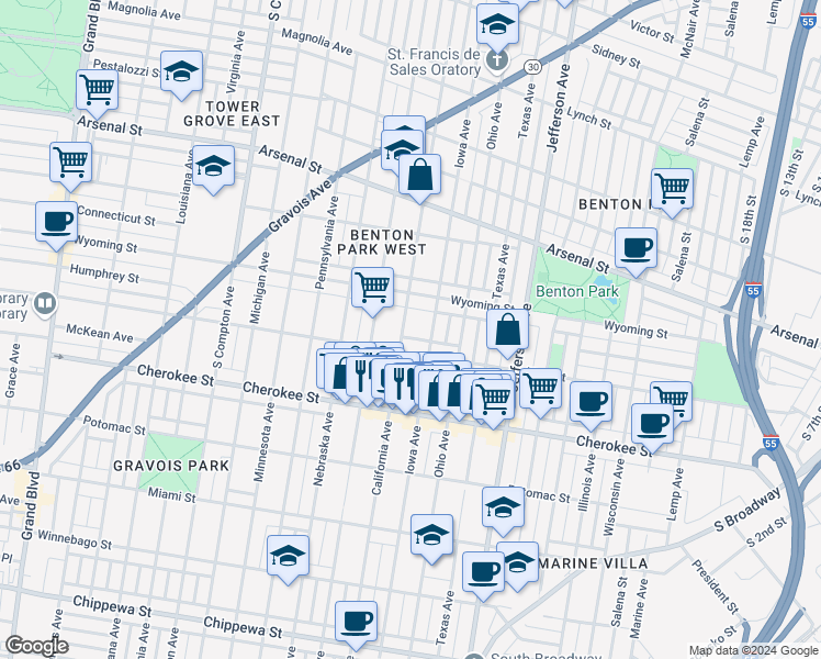 map of restaurants, bars, coffee shops, grocery stores, and more near 3232 California Avenue in St. Louis
