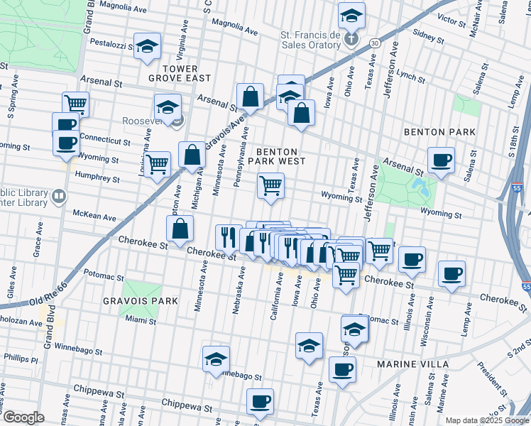 map of restaurants, bars, coffee shops, grocery stores, and more near 3237 Oregon Avenue in St. Louis