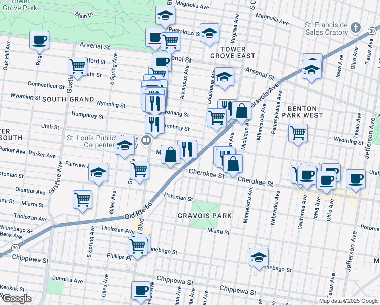 map of restaurants, bars, coffee shops, grocery stores, and more near 3426 Utah Street in St. Louis