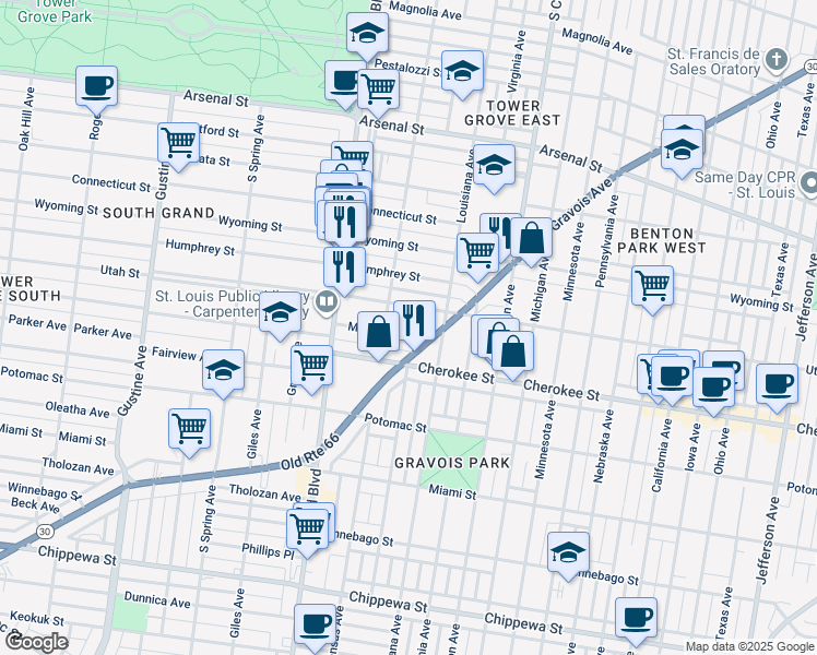 map of restaurants, bars, coffee shops, grocery stores, and more near 3426 Utah Street in St. Louis