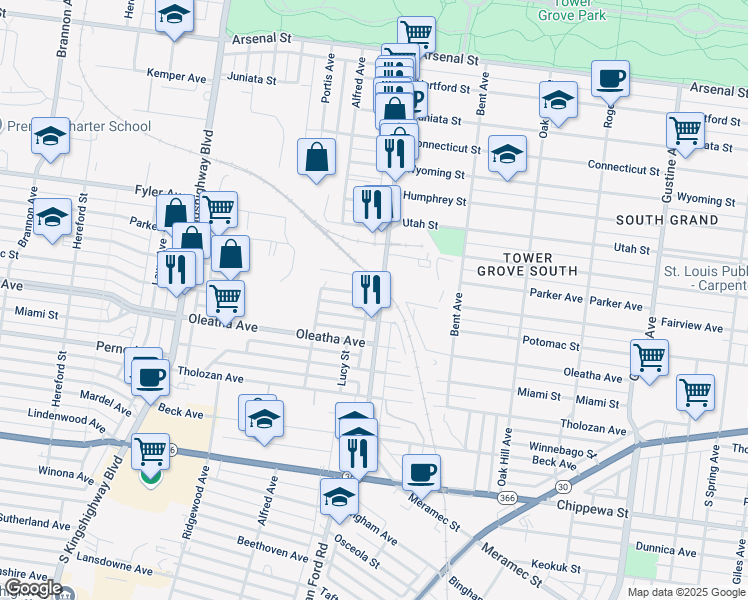 map of restaurants, bars, coffee shops, grocery stores, and more near 3418 Morgan Ford Road in St. Louis
