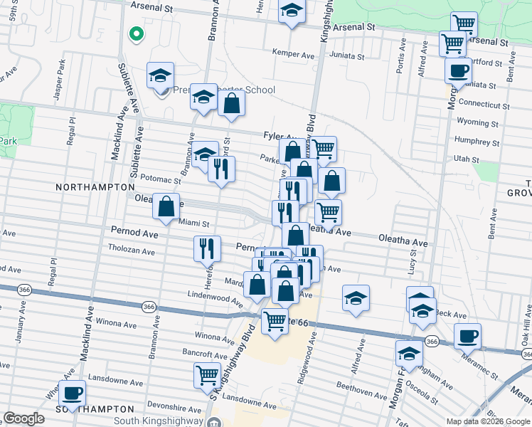 map of restaurants, bars, coffee shops, grocery stores, and more near 4941 Oleatha Avenue in St. Louis