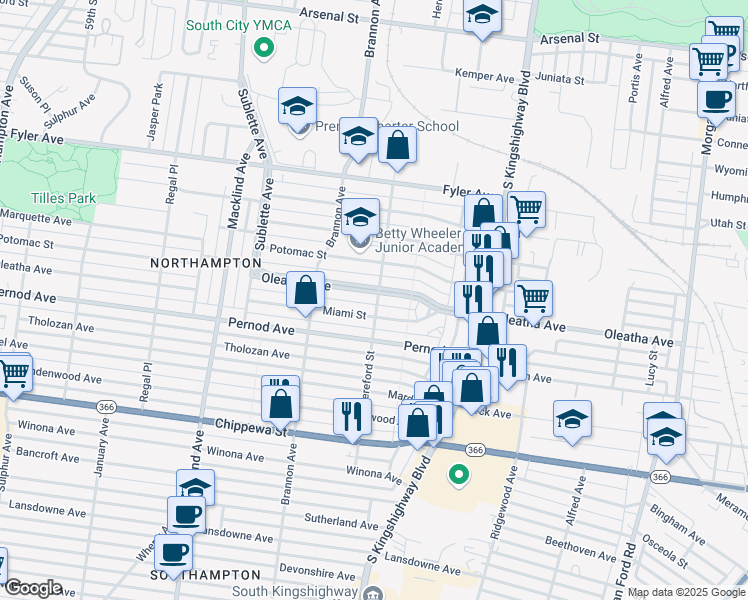 map of restaurants, bars, coffee shops, grocery stores, and more near 5008 Oleatha Avenue in St. Louis