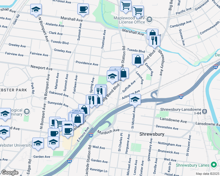 map of restaurants, bars, coffee shops, grocery stores, and more near 7835 Big Bend Boulevard in Webster Groves