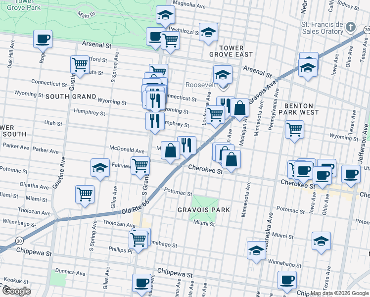 map of restaurants, bars, coffee shops, grocery stores, and more near 3426 Utah Street in St. Louis