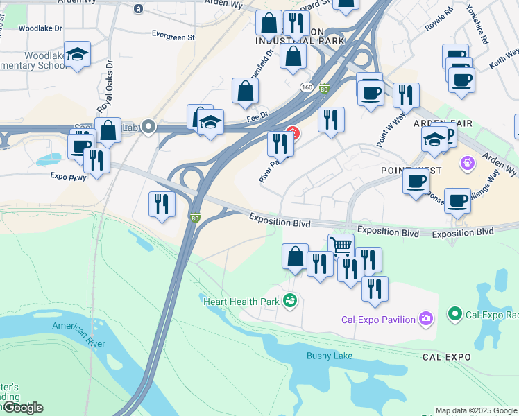 map of restaurants, bars, coffee shops, grocery stores, and more near in Sacramento