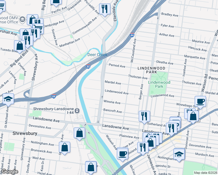 map of restaurants, bars, coffee shops, grocery stores, and more near 7075 Lindenwood Place in St. Louis