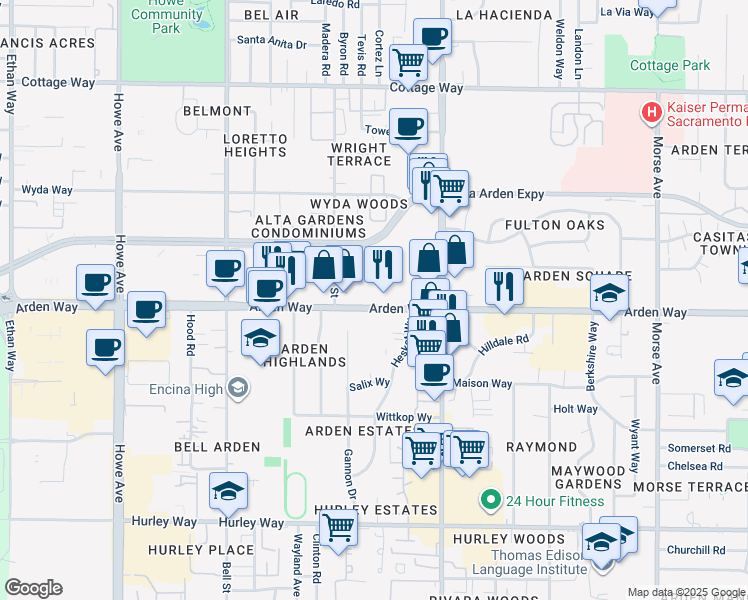 map of restaurants, bars, coffee shops, grocery stores, and more near 2439 Arden Way in Sacramento