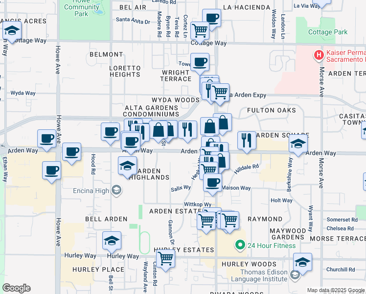 map of restaurants, bars, coffee shops, grocery stores, and more near 2439 Arden Way in Sacramento