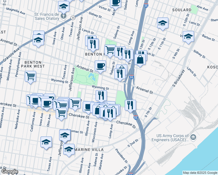 map of restaurants, bars, coffee shops, grocery stores, and more near 1933 Wyoming Street in St. Louis