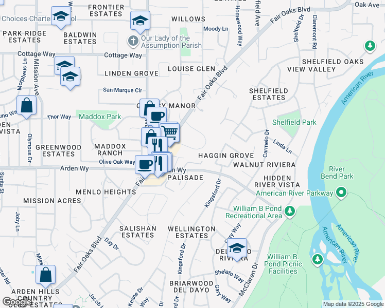 map of restaurants, bars, coffee shops, grocery stores, and more near 5216 Marione Drive in Carmichael