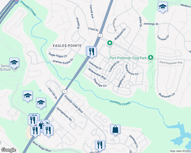 map of restaurants, bars, coffee shops, grocery stores, and more near 16413 Steerage Circle in Woodbridge