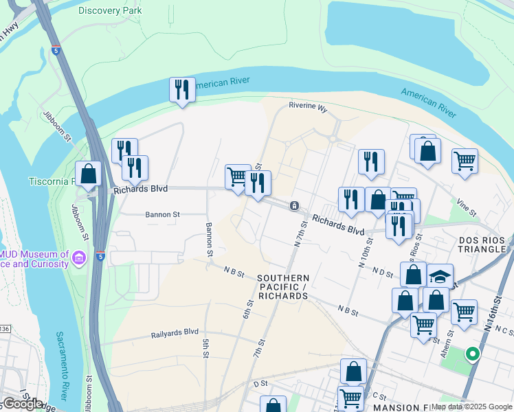 map of restaurants, bars, coffee shops, grocery stores, and more near 500 Richards Boulevard in Sacramento