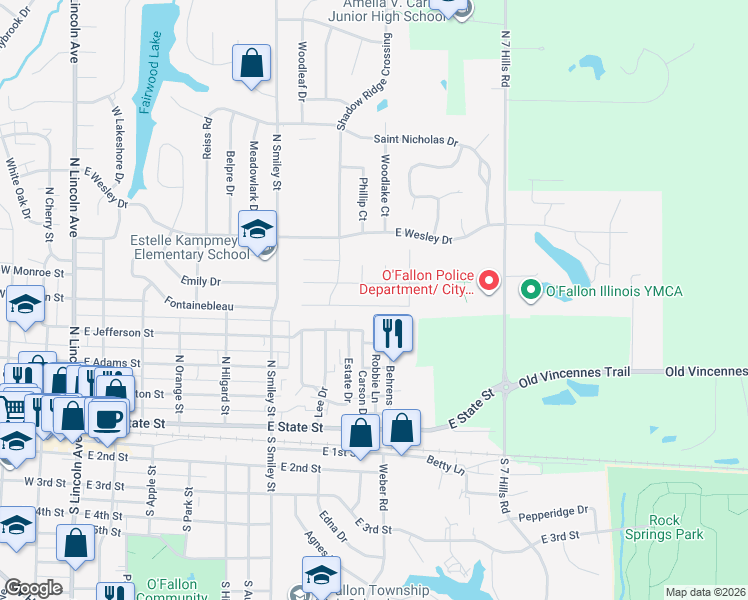 map of restaurants, bars, coffee shops, grocery stores, and more near 718 Wheatfield Road in O'Fallon