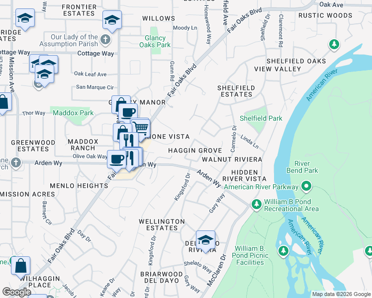 map of restaurants, bars, coffee shops, grocery stores, and more near 5228 Marione Drive in Carmichael