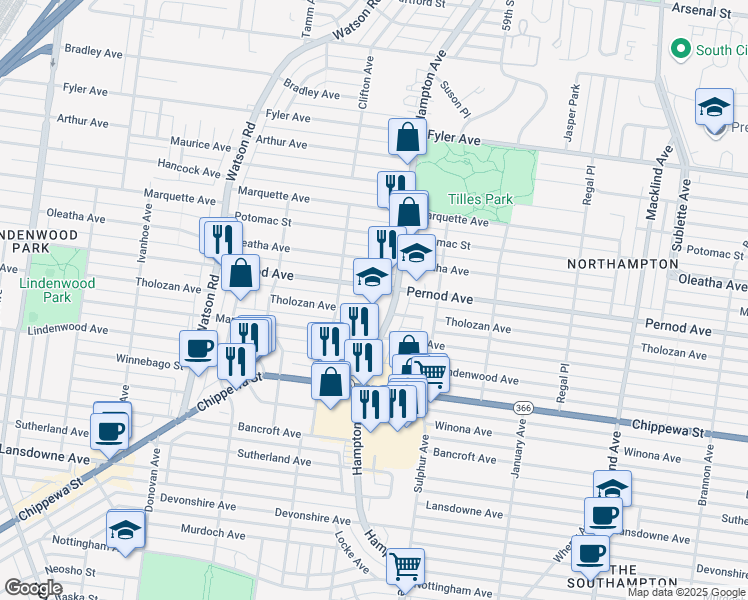 map of restaurants, bars, coffee shops, grocery stores, and more near 6020 Pernod Avenue in St. Louis