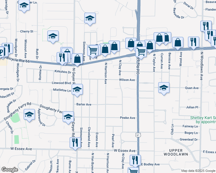 map of restaurants, bars, coffee shops, grocery stores, and more near 958 North Harrison Avenue in Kirkwood