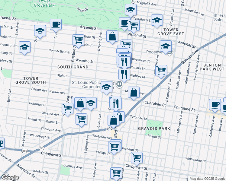 map of restaurants, bars, coffee shops, grocery stores, and more near 3629 McDonald Avenue in St. Louis