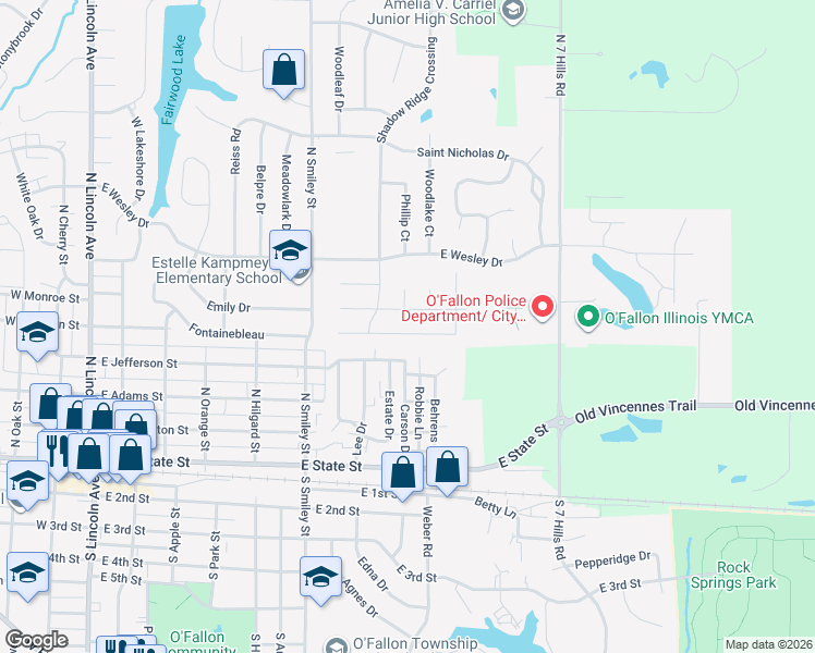 map of restaurants, bars, coffee shops, grocery stores, and more near 718 Wheatfield Road in O'Fallon