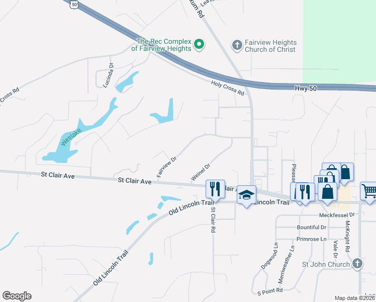map of restaurants, bars, coffee shops, grocery stores, and more near 18 Fairview Drive in Fairview Heights