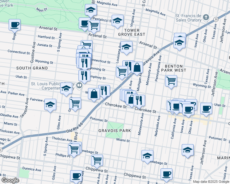 map of restaurants, bars, coffee shops, grocery stores, and more near 3296 Historic U.S. 66 in St. Louis