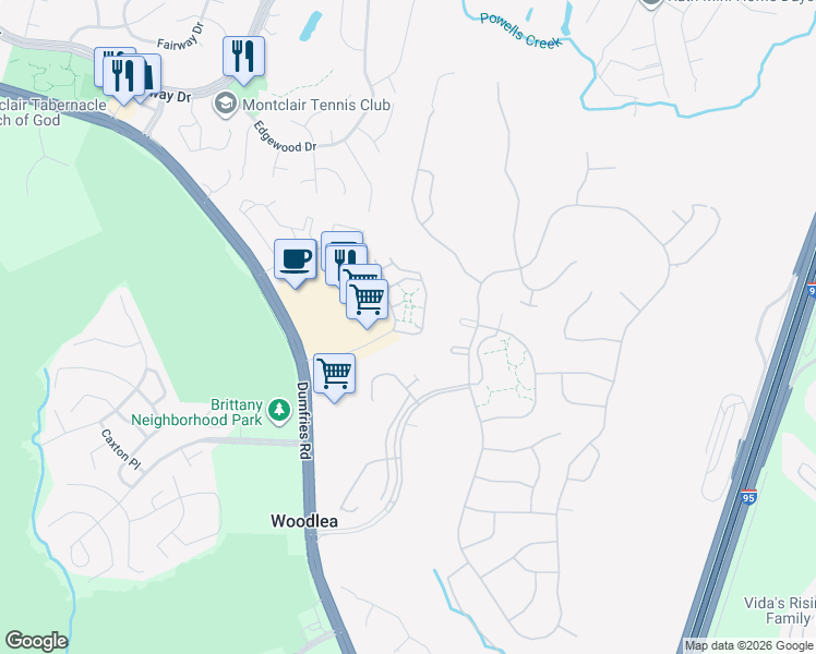 map of restaurants, bars, coffee shops, grocery stores, and more near 16500 Stedham Circle in Dumfries