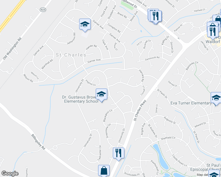 map of restaurants, bars, coffee shops, grocery stores, and more near 420 University Drive in Waldorf