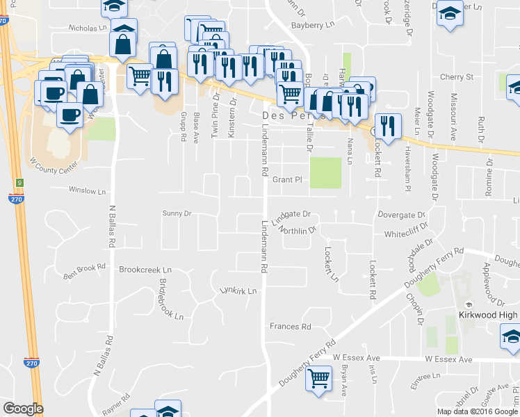 map of restaurants, bars, coffee shops, grocery stores, and more near 1705 Black Twig Lane in Kirkwood